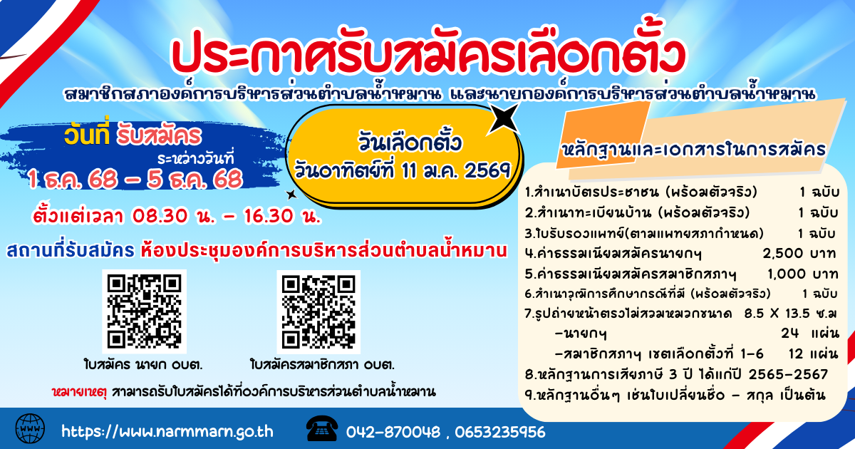ประกาศรับสมัครเลือกตั้งสมาชิกสภา อบต.น้ำหมานและนายกอบต.น้ำหมาน